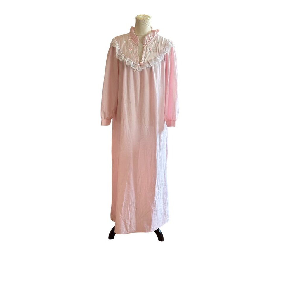 Vintage Pink Victorian Fleece Nightgown Lace Ruffle Collar Floral Embroidery L